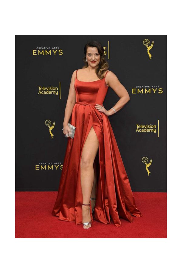 Kathryn Burns Red Satin Long Formal Prom Celebrity Dress with Slit Emmys 2019