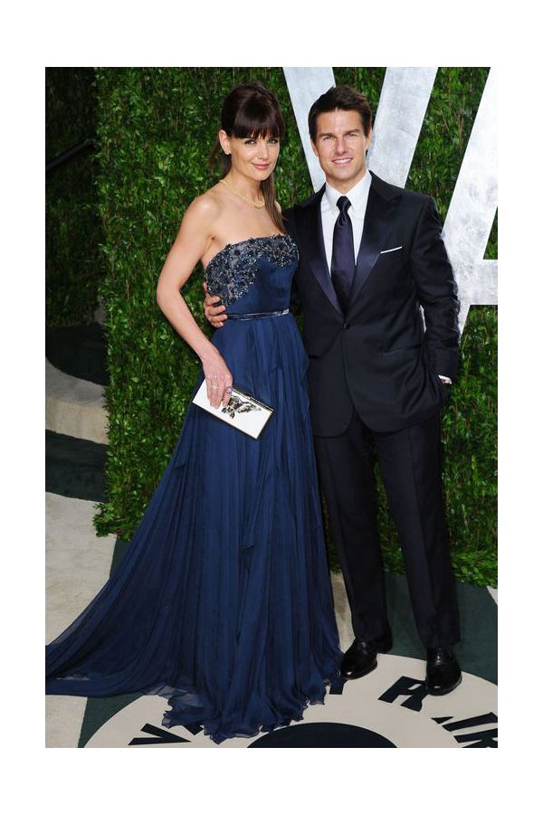 Katie Holmes Navy Strapless Chiffon Formal Dress Vanity Fair Oscar Party 2012