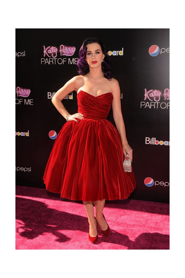 Velvet Reverie – Katy Perry Red Strapless Tea-Length Ball Gown