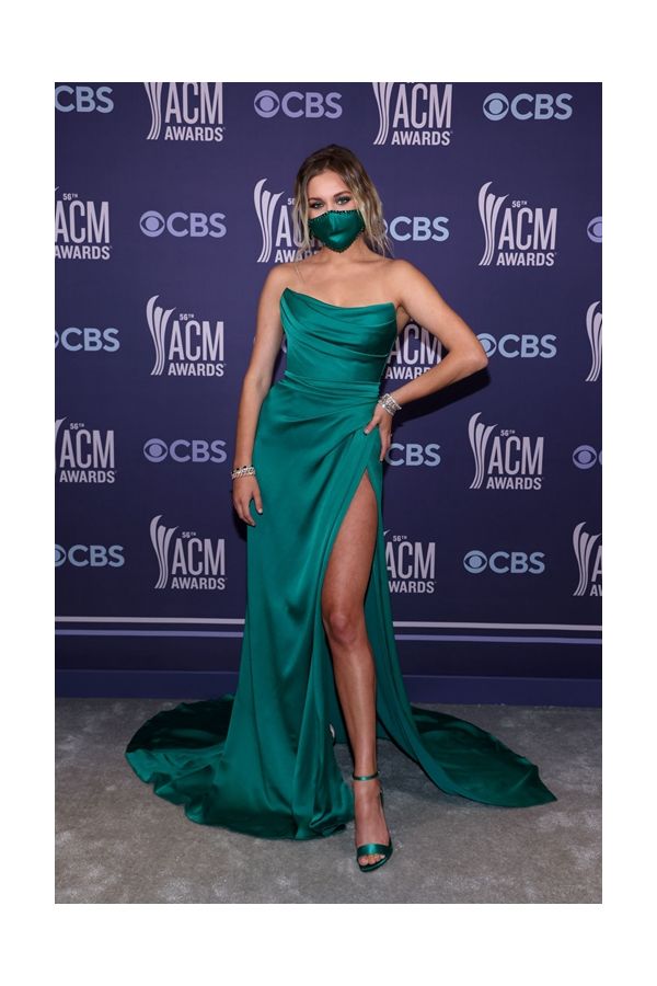 Kelsea Ballerini Inspired Teal Green Strapless Satin Evening Prom Dress ACM 2021