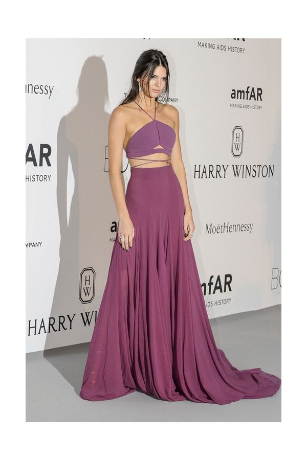 Plum Envy Kendall Jenner Inspired Purple Two Piece Halter Wrap A Line Sweep Train Celebrity Formal Prom Dress