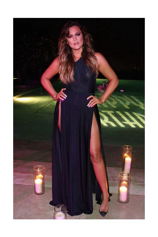 Khloe Kardashian Navy One-shoulder Formal Dress with Slit Birthday Party