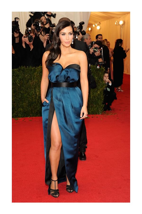 Kim Kardashian Inspired Blue and Black Satin Celebrity Evening Dress Met Gala 2014