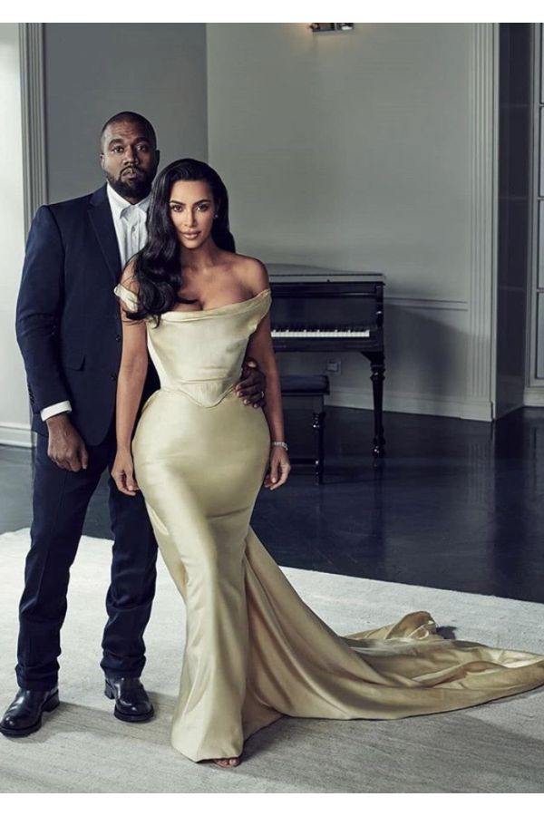 Kim Kardashian Champagne Off-the-shoulder Satin Dress Diddy Birthday Party