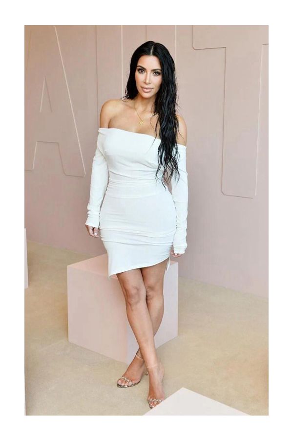 Chic Sophistication – Kim Kardashian Off-the-Shoulder White Cocktail Dress