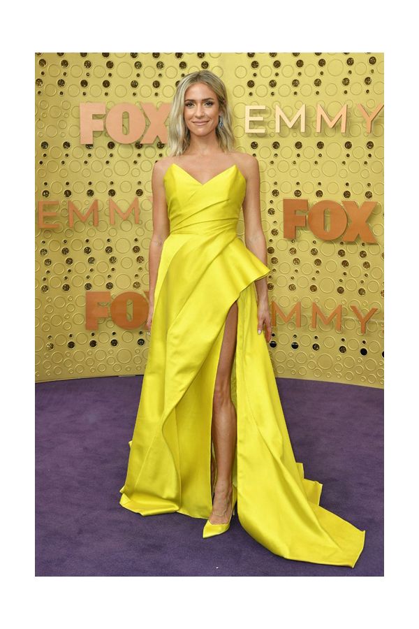 Kristin Cavallari Yellow Strapless Draped Satin A Line Floor Length Celebrity Dress Emmys 2019
