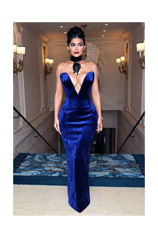 Kylie Jenner Inspired Blue Velvet Formal Dress Paris Fashion Week 2022
