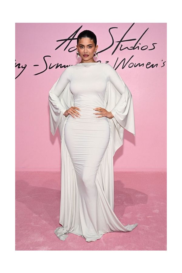 Kylie Jenner Inspired White Long-sleeve Cape Celebrity Formal Dress