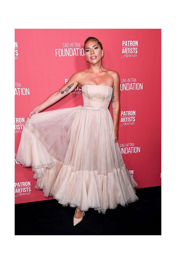 Lady Gaga Blush Pink Strapless Chiffon Dress SAG-AFTRA Awards 2018