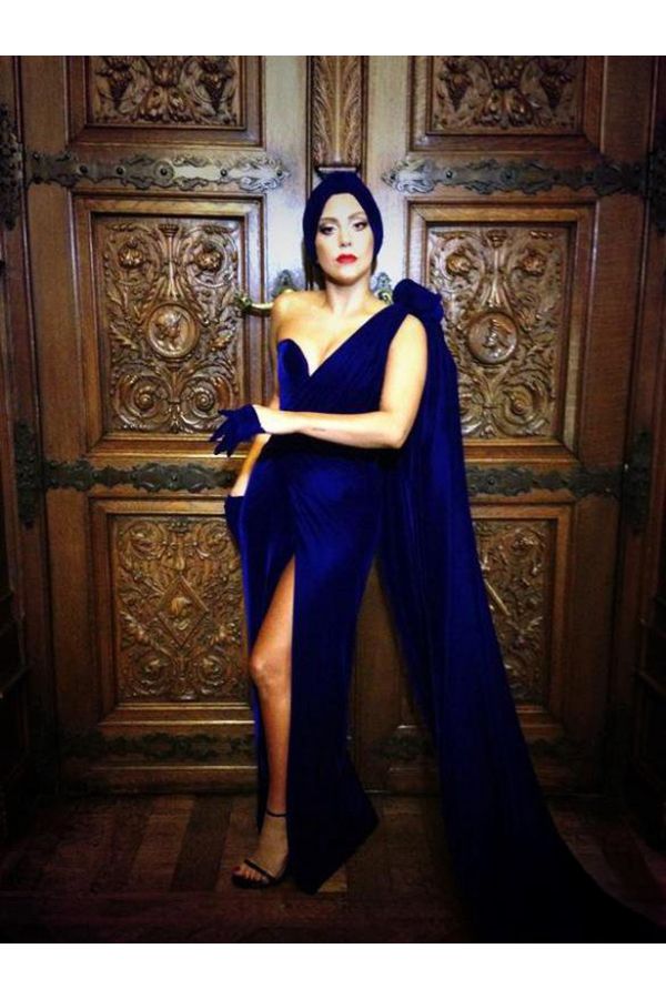 Midnight Majesty Lady Gaga Inspired Royal Blue Velvet One Shoulder Cape Celebrity Formal Prom Dress
