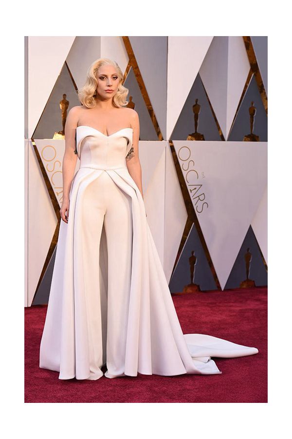 Lady Gaga White Strapless Jumpsuit Oscars 2016