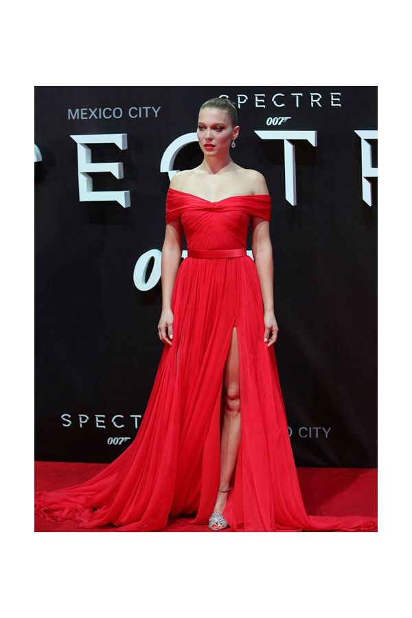 Lea Seydoux Red Off-the-shoulder Chiffon Celebrity Evening Formal Prom Dress with Slit