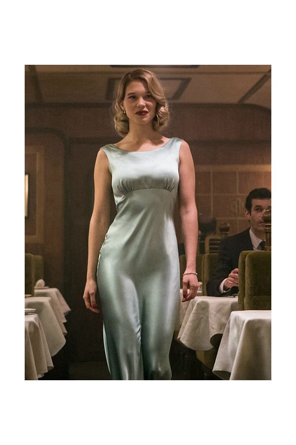 Spectral Silhouette – Spectre–Inspired Silver Satin Scoop-Neck Sheath Gown