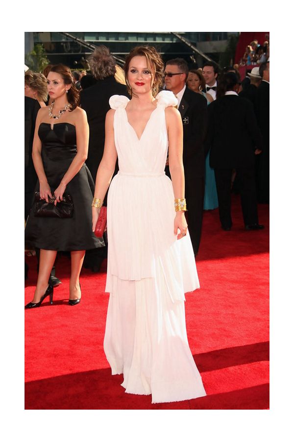 Leighton Meester White V-neck Chiffon Formal Prom Celebrity Dress Emmy Awards 2009