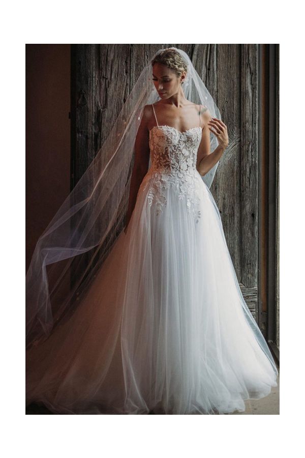 Leona Lewis Inspired Spaghetti Straps A-line Lace Tulle Celebrity Wedding Dress