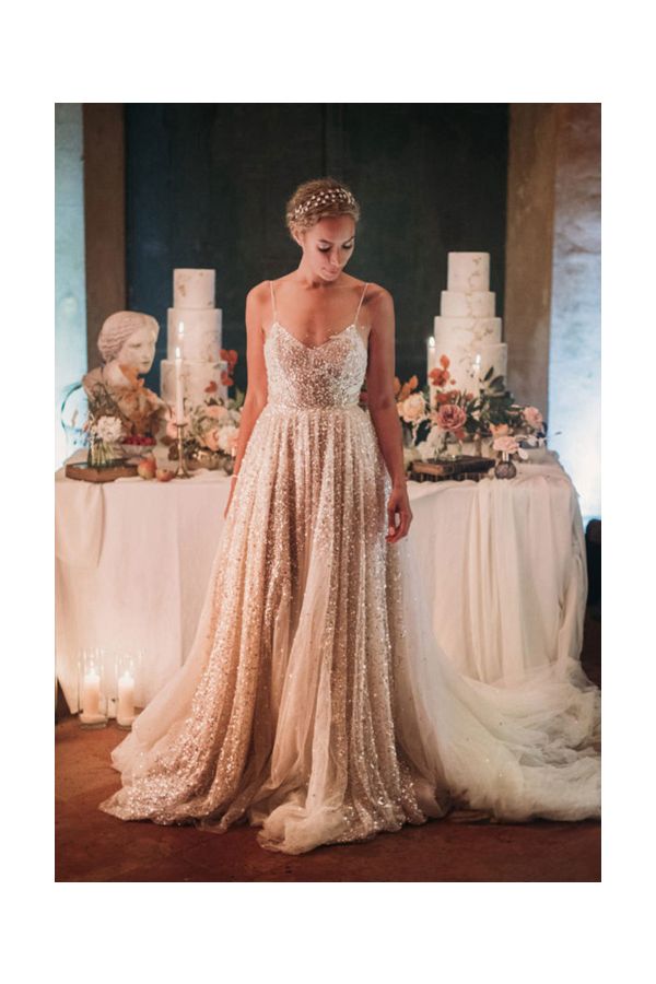 Leona Lewis Champagne Sequin Tulle Spaghetti Straps Celebrity Wedding Reception Dress