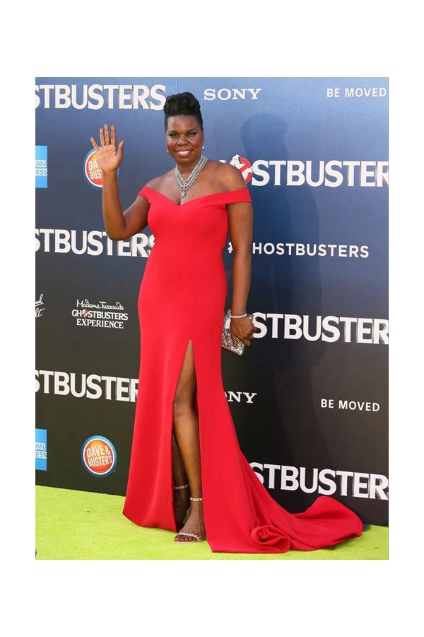 Leslie Jones Red Off-the-shoulder Formal Dress with Slit "Ghostbusters" Premiere