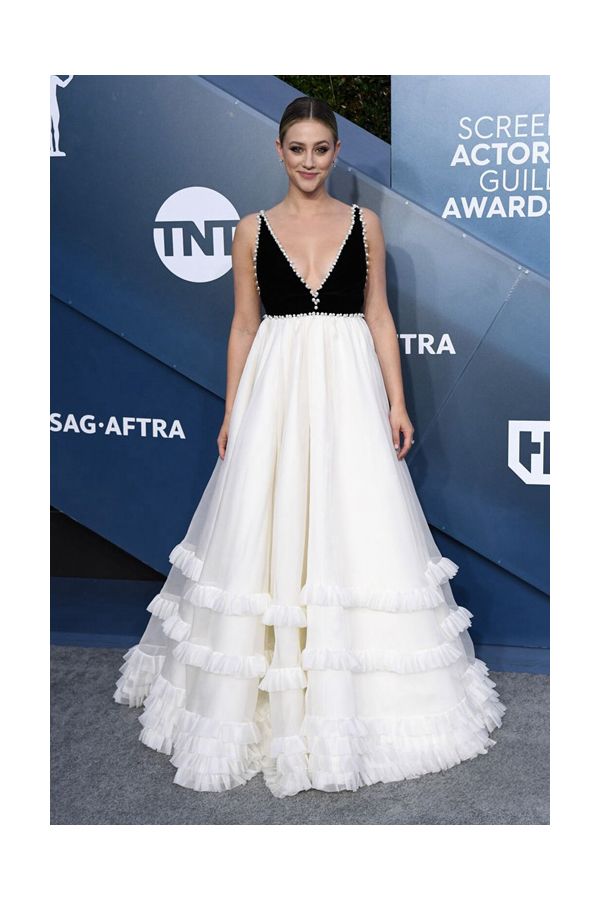 Lili Reinhart Black and White V-neck Formal Prom Celebrity Dress SAG Awards 2020