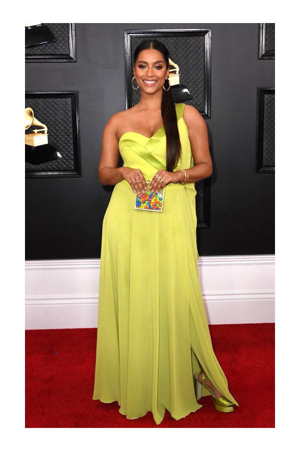 Lilly Singh Green One-shoulder Formal Prom Celebrity Dress with Slit Grammys 2020