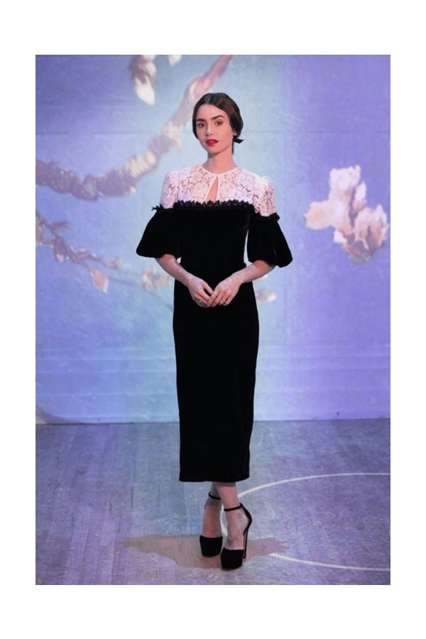 Lily Collins Inspired Black and White Lace Midi Length Celebrity Cocktail Party Dress