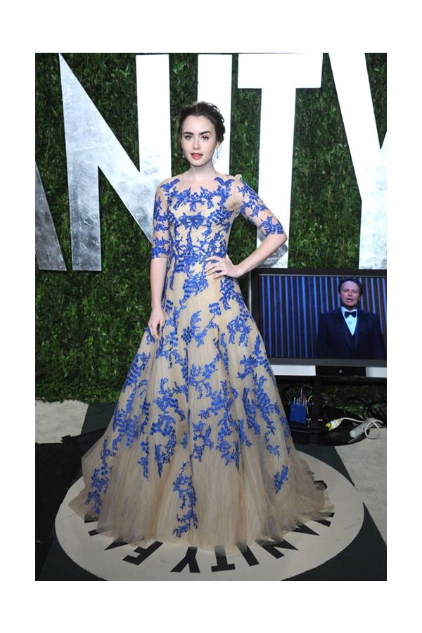 Enchanted Bloom Lily Collins Inspired Blue Lace Embroidered Tulle Ball Gown Celebrity Formal Prom Dress Vanity Fair Oscar Party 2012