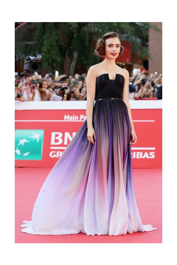 Lily Collins Inspired Strapless Ombre Chiffon Celebrity Evening Formal Prom Dress