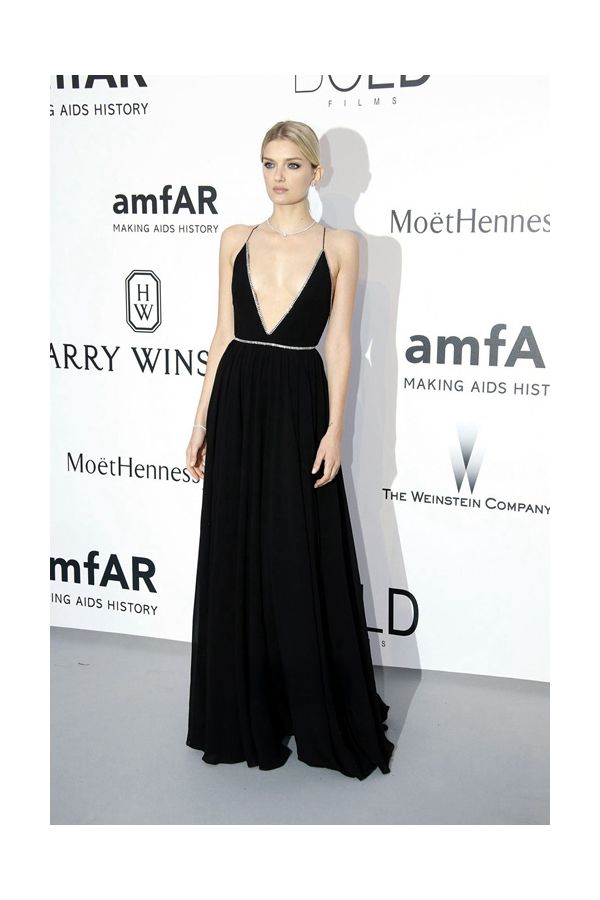 Lily Donaldson Black Spaghetti Straps V-neck Formal Prom Dress amfAR 2015