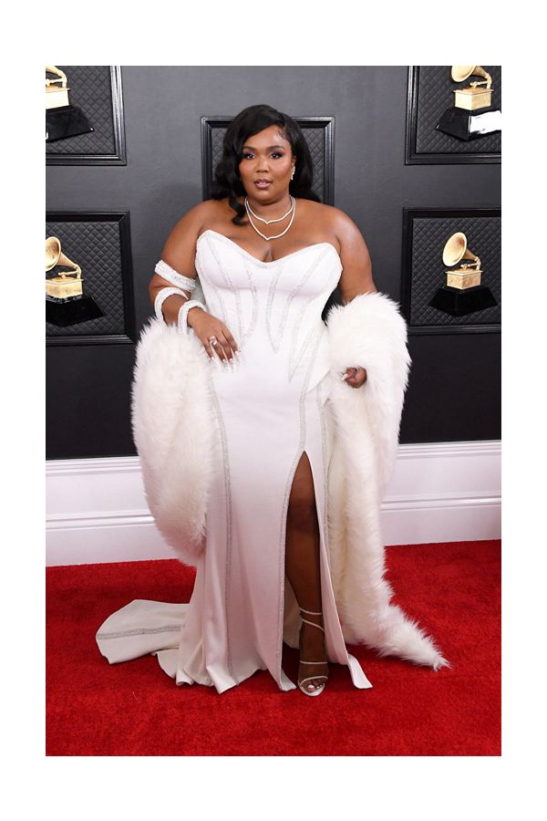Lizzo White Strapless Beaded Formal Celebrity Dress with Slit Grammys 2020