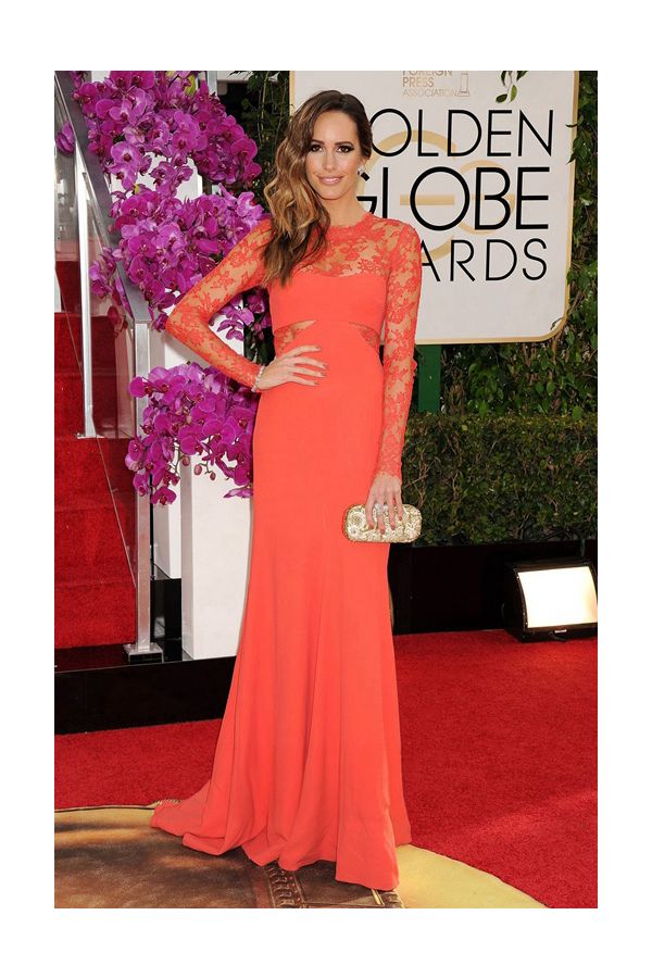 Louise Roe Orange Lace Celebrity Formal Prom Dress Golden Globes 2014