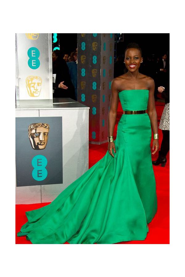 Lupita Nyong'o Green Strapless Satin Mermaid Formal Prom Dress BAFTA 2014
