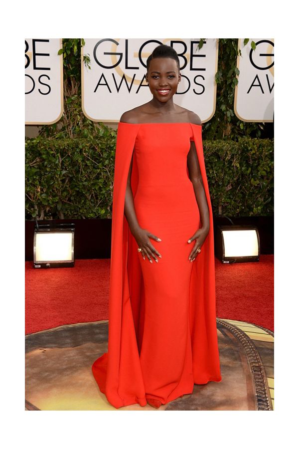 Lupita Nyong’o Red Off-the-Shoulder Cape Gown Golden Globes 2014