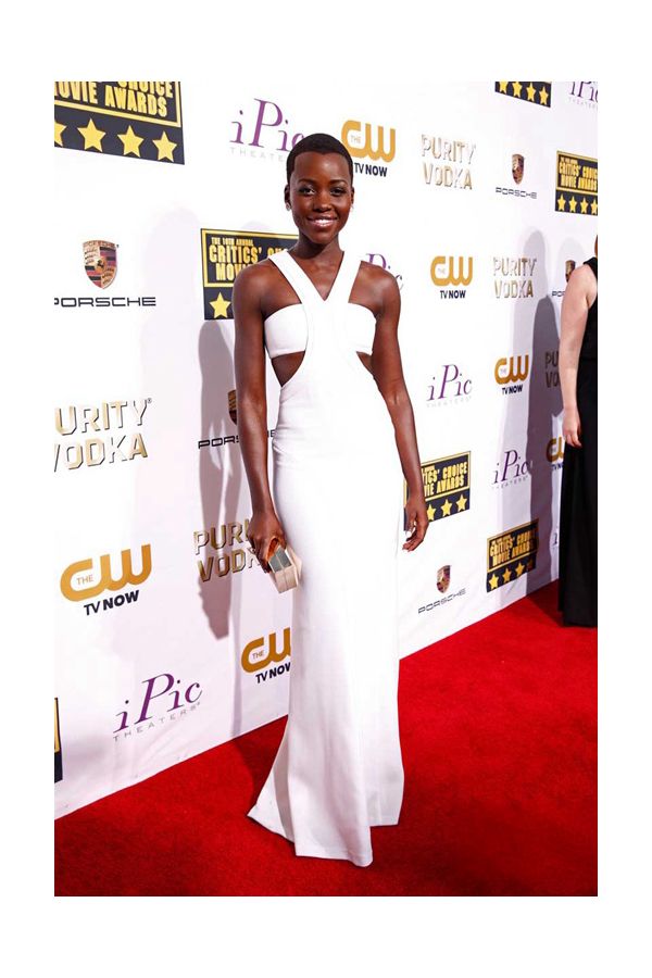 Lupita Nyong’o White Halter Cut-out Formal Dress Critics’ Choice Awards 2014