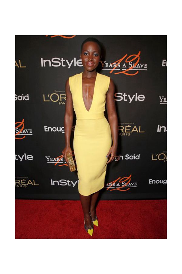 Lupita Nyong鈥檕 Inspired Short Yellow Plunging V-neck Cocktail Party Celebrity Dress