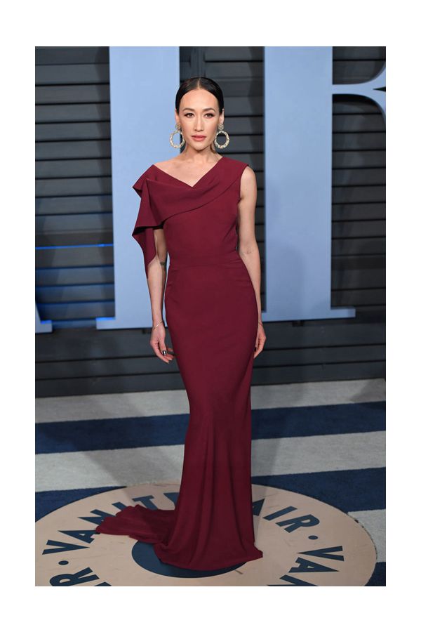 Maggie Q Burgundy Mermaid Formal Celebrity Dress Vanity Fair Oscar Party 2018