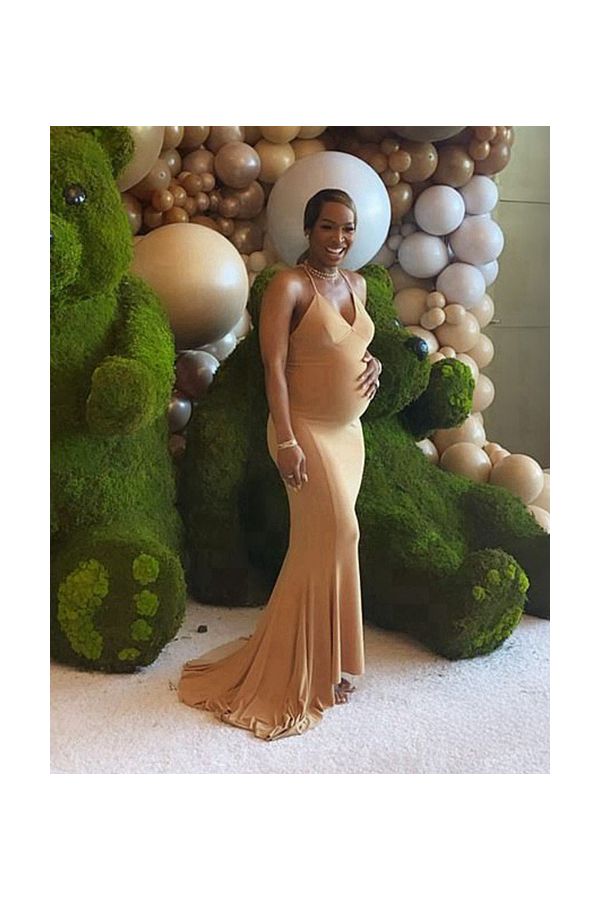 Malika Haqq Inspired Gold Spaghetti Straps Mermaid Maternity Celebrity Formal Dress
