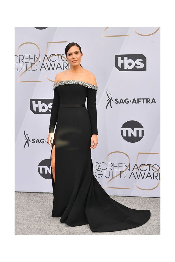 Mandy Moore Black Off-the-Shoulder Jeweled Dress SAG Awards 2019