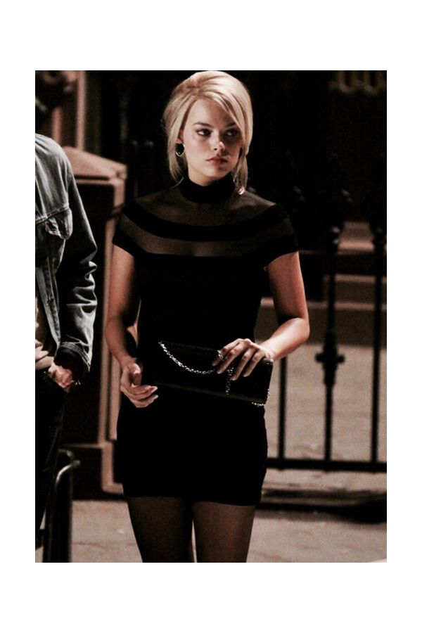 Margot Robbie Inspired Little Black Dress in The Wolf of Wall Street – Elegant Sheath Silhouette with Illusion High Neck and Knee-Length Design