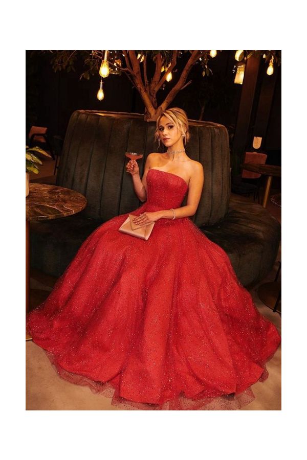 Maria Bakalova Inspired Red Strapless Ball Gown Prom Dress Golden Globes 2021