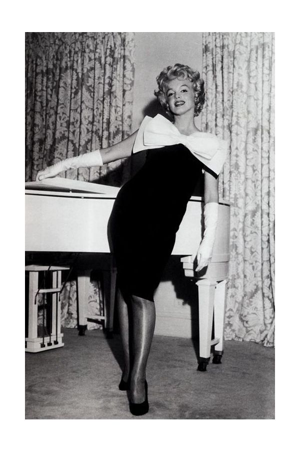 Marilyn Monroe Inspired 1950s Little Black Cocktail Party Celebrity Dress with White Bow