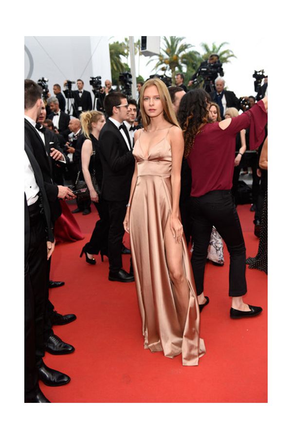 Marina Ruy Barbosa Rose Gold Satin Dress with Slits Cannes 2017