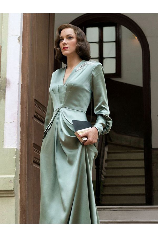 Sage Elegance Marion Cotillard Inspired Green Satin Long Sleeve Celebrity Formal Prom Dress Allied Movie