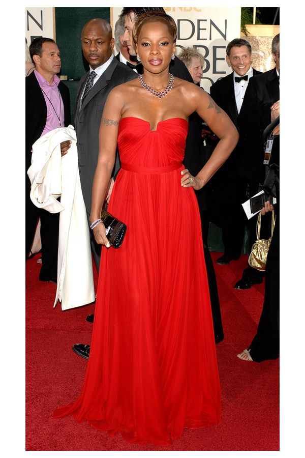 Mary J Blige Red Strapless Chiffon Formal Celebrity Dress Golden Globes 2007