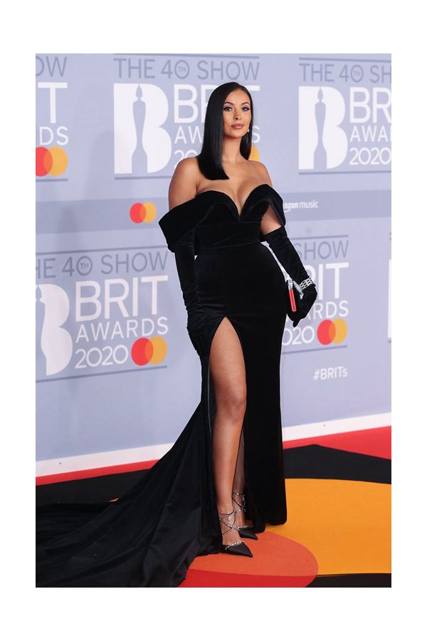 Maya Jama Black Velvet Off-the-shoulder Formal Celebrity Dress with Slit BRIT Awards 2020