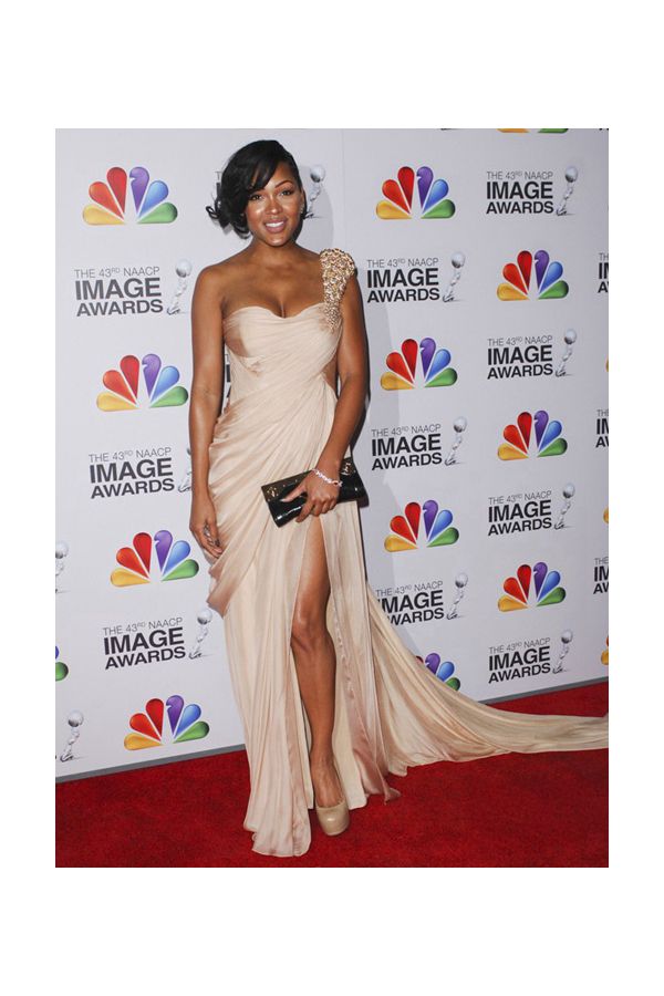 Meagan Good Champagne One-shoulder Chiffon Dress NAACP Image Awards 2012