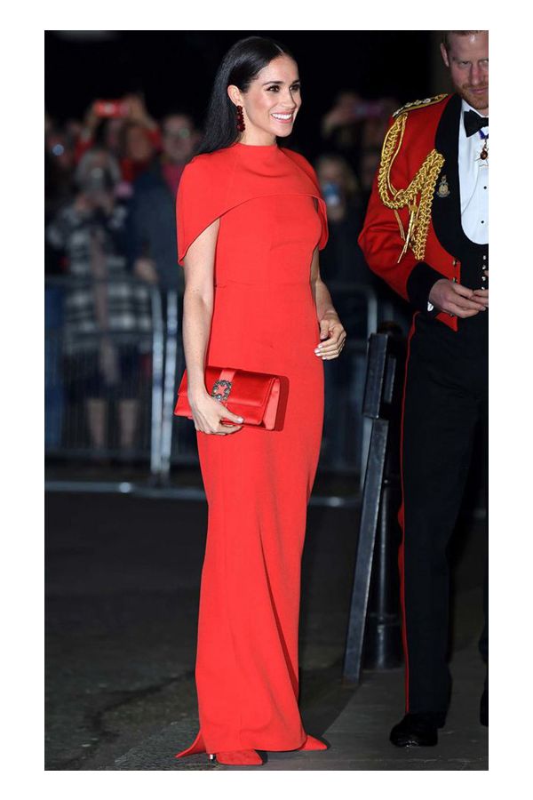 Meghan Markle Inspired Red Cape Celebrity Formal Evening Dress