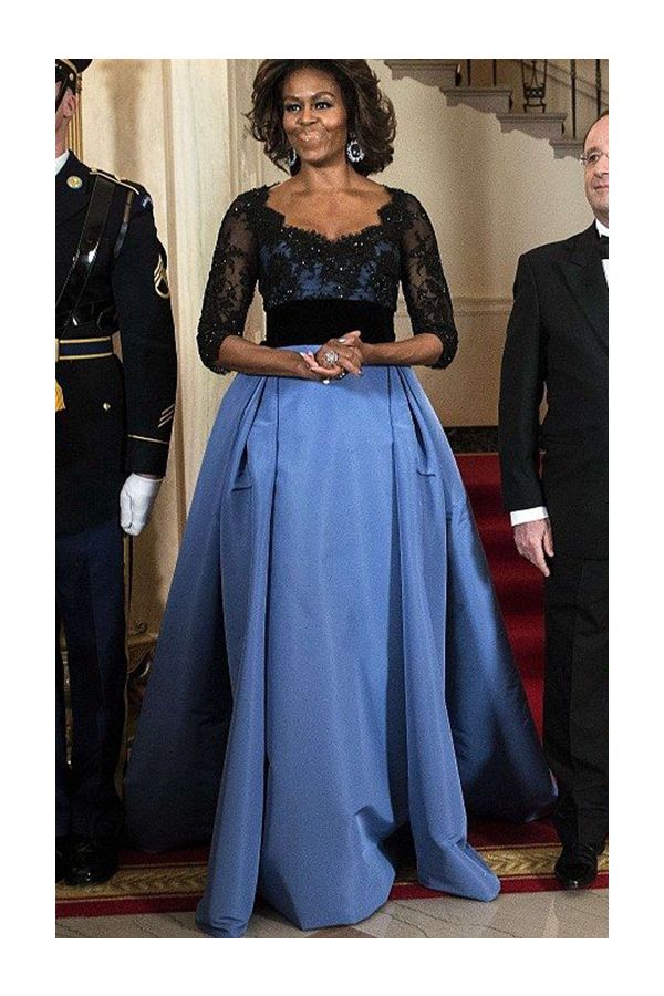Michelle Obama Inspired Black and Blue Lace Celebrity Formal Evening Dress