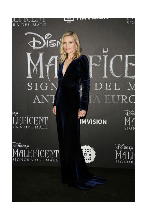 Michelle Pfeiffer Navy Velvet Long Sleeve V Neck Sheath Dress Maleficent Premiere