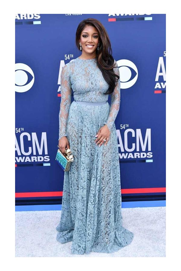 Mickey Guyton Inspired Blue Lace Long-sleeve Celebrity Evening Prom Dress ACM 2019