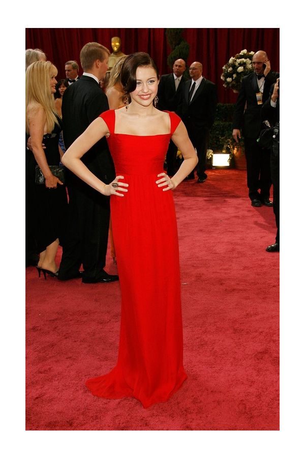 Miley Cyrus Inspired Red Chiffon Cap-sleeves Formal Prom Celebrity Dress Oscars 2008