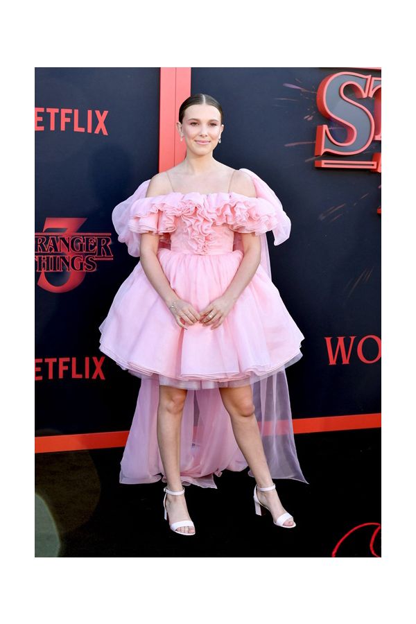 Millie Bobby Brown Short Pink Off-the-shoulder Dress "Stranger Things" 3 Premiere